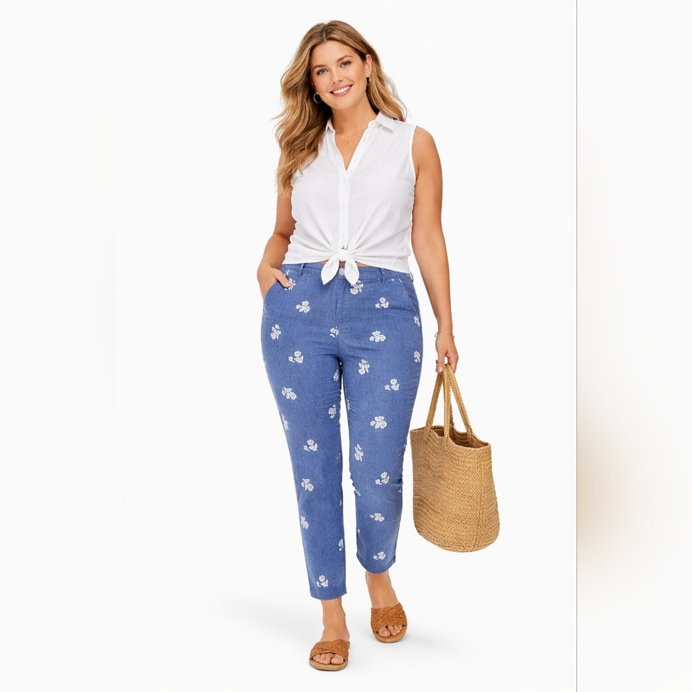 Old Navy Size 18 Pixie Mid-Rise Blue Floral Ankle Pants Stretch